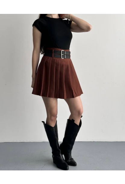 Kadın Çift Kemerli Şortlu Pileli Etek Kahve