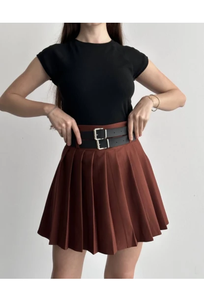 Kadın Çift Kemerli Şortlu Pileli Etek Kahve