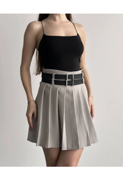 Kadın Çift Kemerli Şortlu Pileli Etek Krem