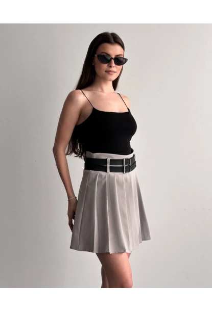 Kadın Çift Kemerli Şortlu Pileli Etek Krem