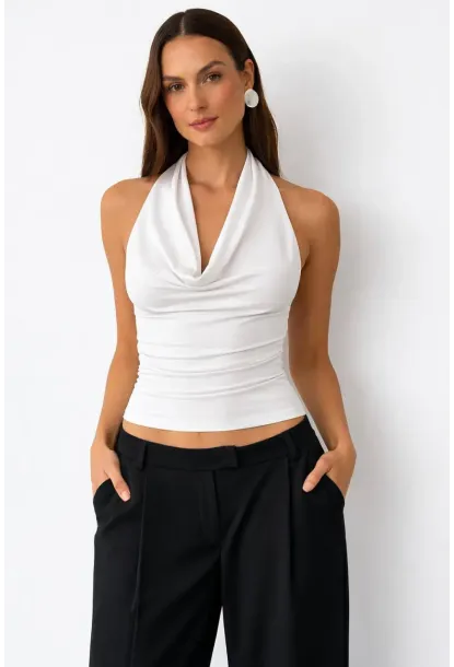 Kadın Çift Kullanımlı Sandy Kumaş Crop Bluz Beyaz