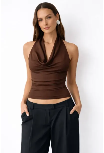 Kadın Çift Kullanımlı Sandy Kumaş Crop Bluz Kahve