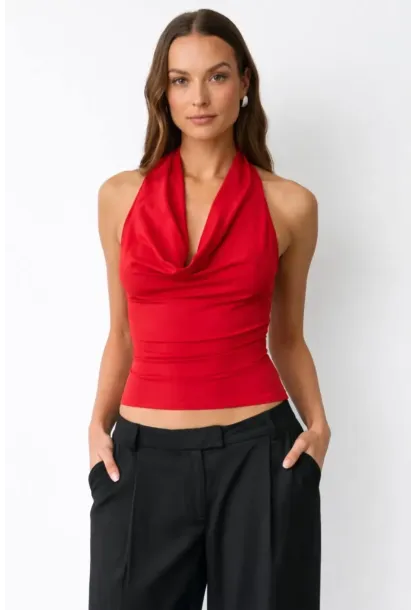 Kadın Çift Kullanımlı Sandy Kumaş Crop Bluz Kırmızı