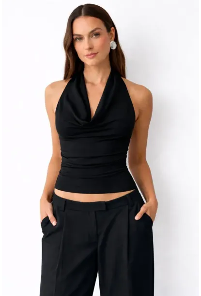 Kadın Çift Kullanımlı Sandy Kumaş Crop Bluz Siyah