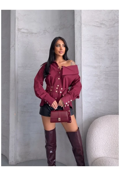 Kadın Çıtçıtlı Kemerli Bordo Gömlek