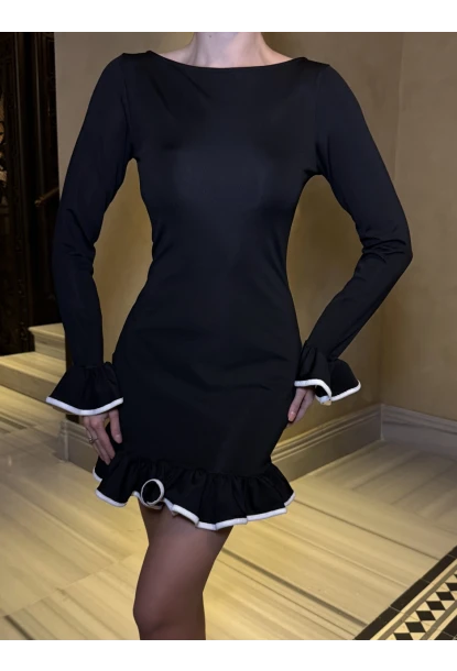 Kadın Dalgıç Kumaş Biyeli Mini Elbise Siyah