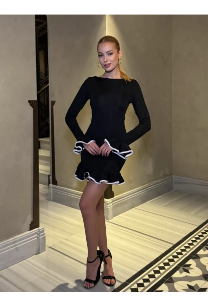 Kadın Dalgıç Kumaş Biyeli Mini Elbise Siyah