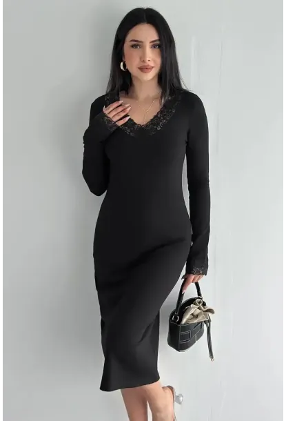 Kadın Dantel Detaylı V Yaka Elbise – Uzun Kollu Şık Günlük Elbise