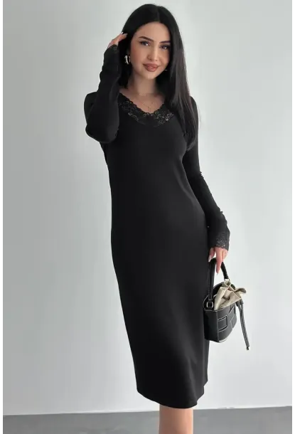 Kadın Dantel Detaylı V Yaka Elbise – Uzun Kollu Şık Günlük Elbise