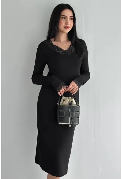 Kadın Dantel Detaylı V Yaka Elbise – Uzun Kollu Şık Günlük Elbise