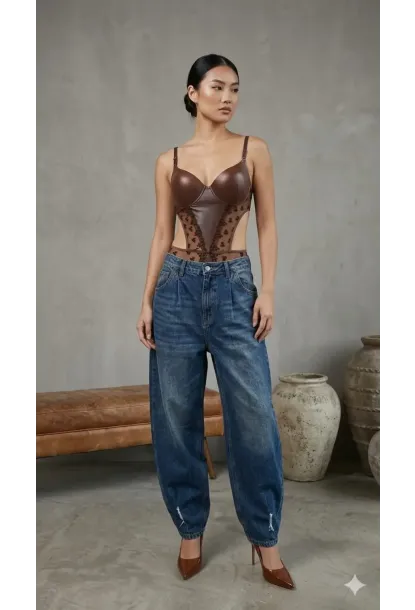 Kadın Dantelli Kahve Deri Transparan Çıtçıtlı Bodysuit