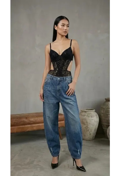 Kadın Dantelli Siyah Deri Transparan Çıtçıtlı Bodysuit