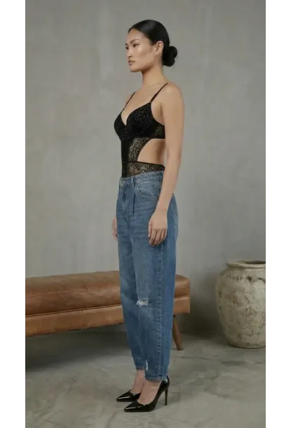 Kadın Dantelli Siyah Deri Transparan Çıtçıtlı Bodysuit