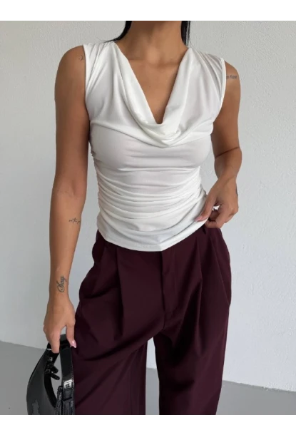 Kadın Degaje Yaka Kolsuz Bluz Beyaz
