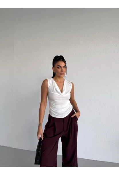 Kadın Degaje Yaka Kolsuz Bluz Beyaz