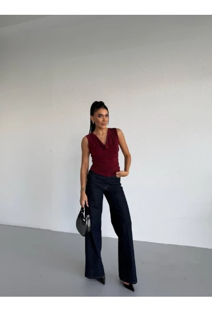 Kadın Degaje Yaka Kolsuz Bluz Bordo