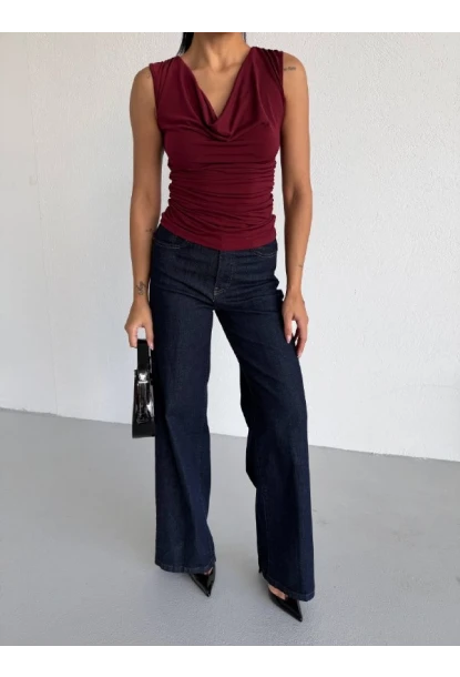 Kadın Degaje Yaka Kolsuz Bluz Bordo