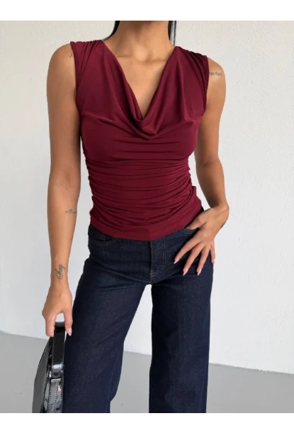 Kadın Degaje Yaka Kolsuz Bluz Bordo