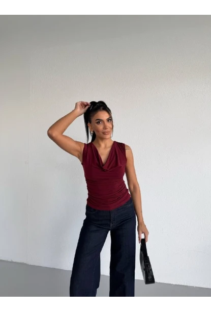 Kadın Degaje Yaka Kolsuz Bluz Bordo