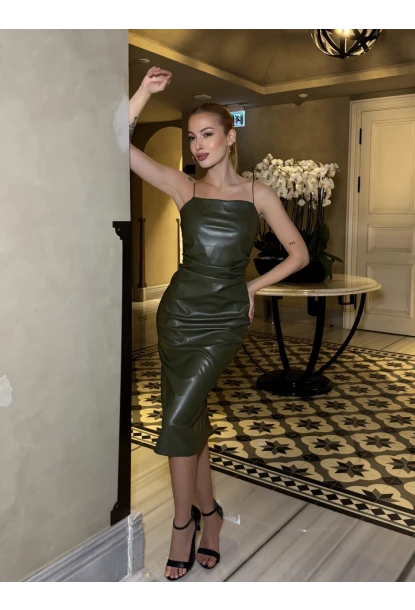 Kadın Deri Askılı Maxi Boy Haki Elbise