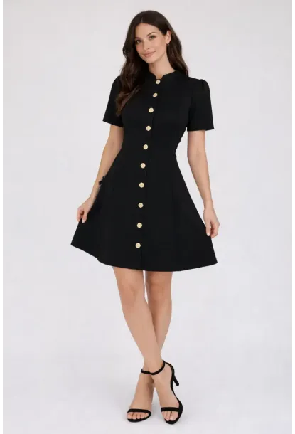 Kadın Düğme Detay Siyah Elbise