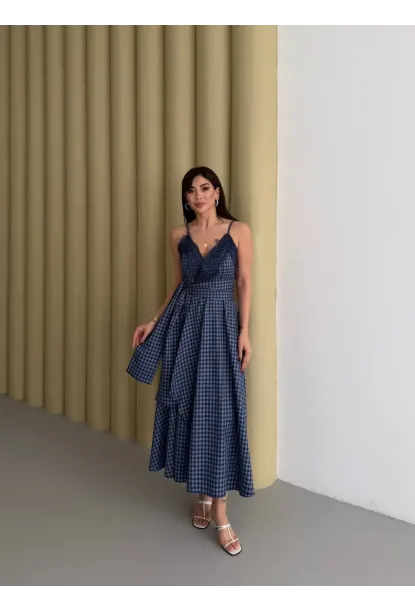 Kadın Ekose Dantelli Sırt Gipeli Elbise Mavi