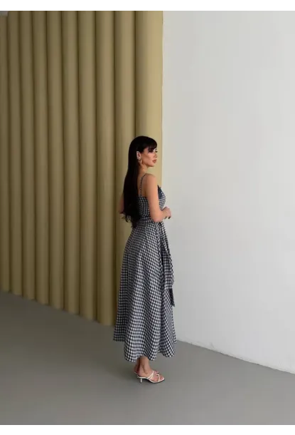 Kadın Ekose Dantelli Sırt Gipeli Elbise Siyah