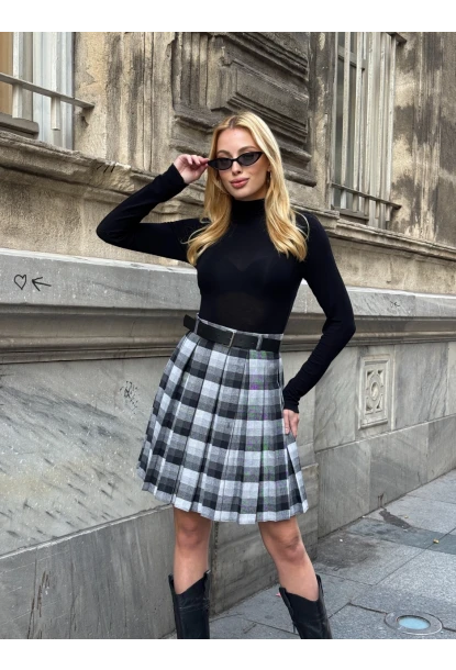 Kadın Ekose Desen Kemerli Yüksel Bel Şort Astarlı Mini Etek