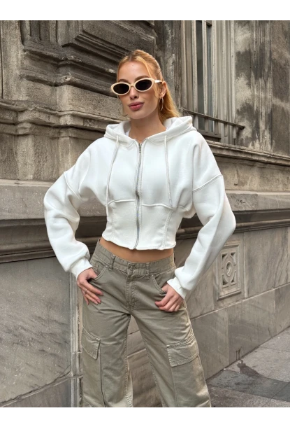Kadın Ekru Fermuarlı Hoodie Sweatshirt