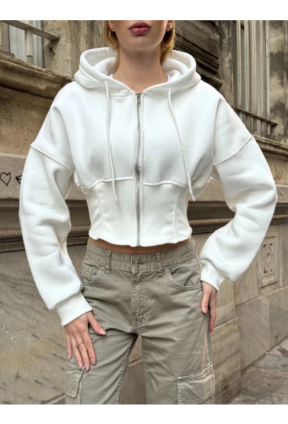 Kadın Ekru Fermuarlı Hoodie Sweatshirt