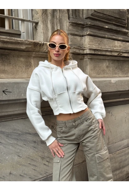 Kadın Ekru Fermuarlı Hoodie Sweatshirt