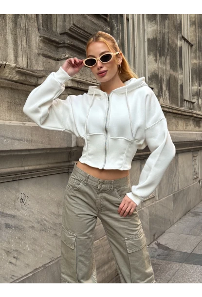 Kadın Ekru Fermuarlı Hoodie Sweatshirt
