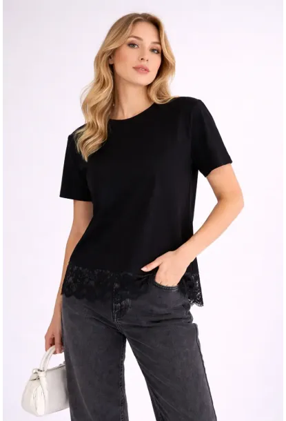 Kadın Eteği Dantel Detay T-shirt Siyah