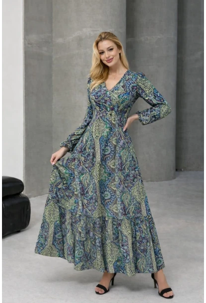 Kadın Etnik Desenli V Yaka Uzun Kollu Maxi Elbise