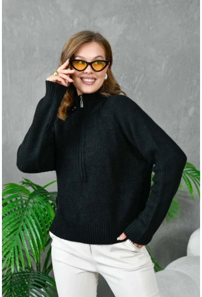 Kadın Fermuarlı Yaka Selanik Örgü Triko Kazak