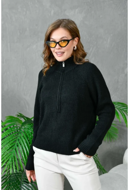 Kadın Fermuarlı Yaka Selanik Örgü Triko Kazak