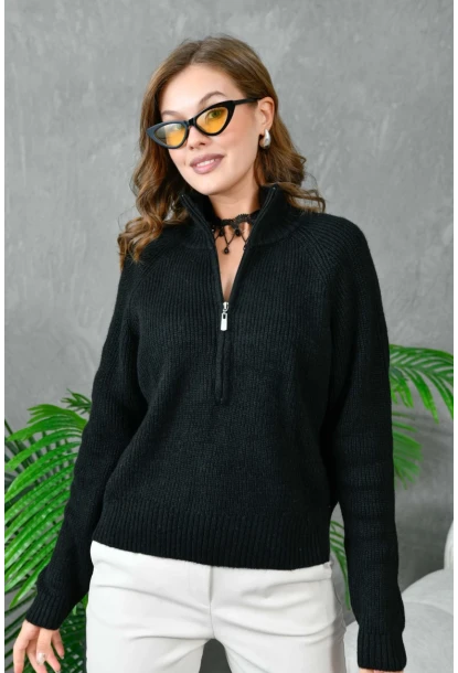Kadın Fermuarlı Yaka Selanik Örgü Triko Kazak