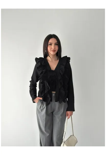 Kadın Fırfır Detay Bağcıklı Bluz Siyah
