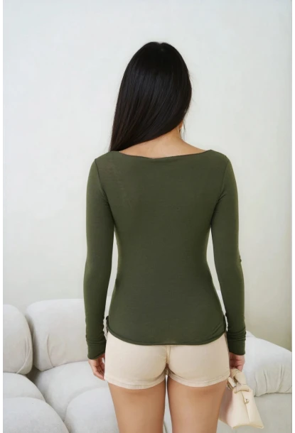 Kadın Geniş Yaka Uzun Kol Lycralı Penye Bluz