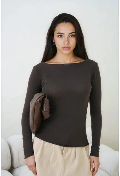 Kadın Geniş Yaka Uzun Kol Lycralı Penye Bluz