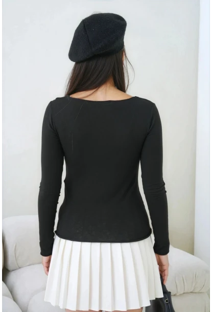 Kadın Geniş Yaka Uzun Kol Lycralı Penye Bluz