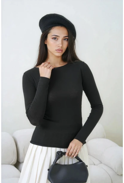 Kadın Geniş Yaka Uzun Kol Lycralı Penye Bluz