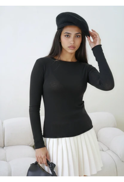 Kadın Geniş Yaka Uzun Kol Lycralı Penye Bluz