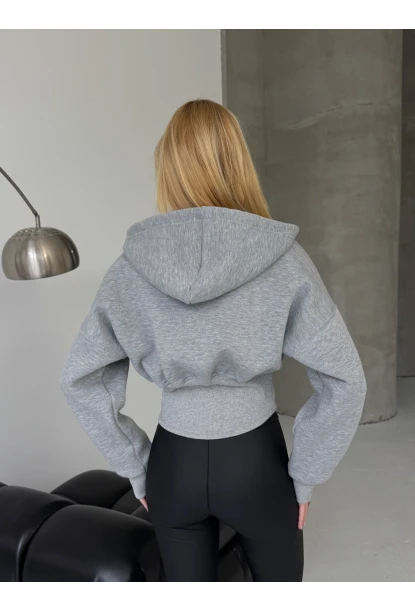 Kadın Gri Fermuarlı Hoodie Sweatshirt