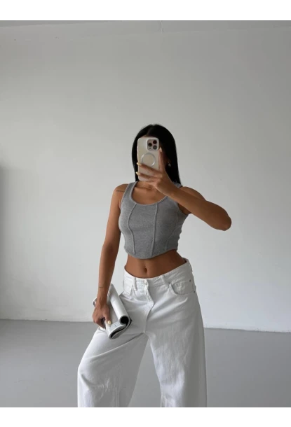 Kadın Gri Kaşkorse Crop Bluz