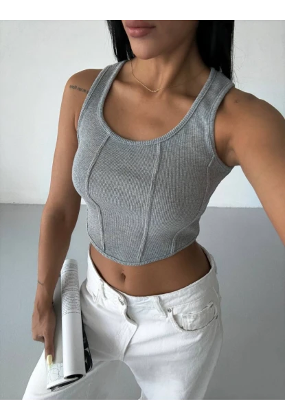 Kadın Gri Kaşkorse Crop Bluz