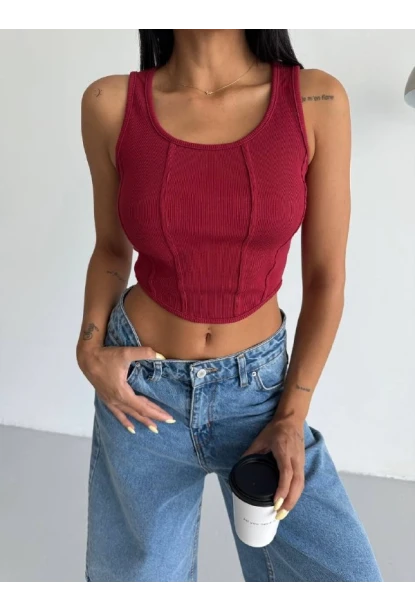 Kadın Bordo Kaşkorse Crop Bluz