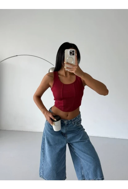 Kadın Bordo Kaşkorse Crop Bluz