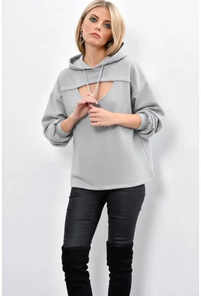 Kadın Gri Önü Pencereli Kapüşonlu Sweatshirt Yİ1669