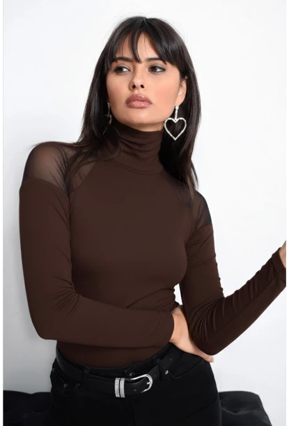 Kadın Kahve Omuzları Tül Bluz TZ2075